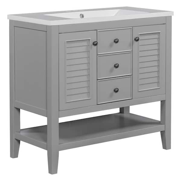 Runesay 35 in. W x 17.9 in. D x 33.4 in. H Bathroom Vanity in Gray Solid Frame Bathroom Cabinet with Ceramic Basin Top and Shelf