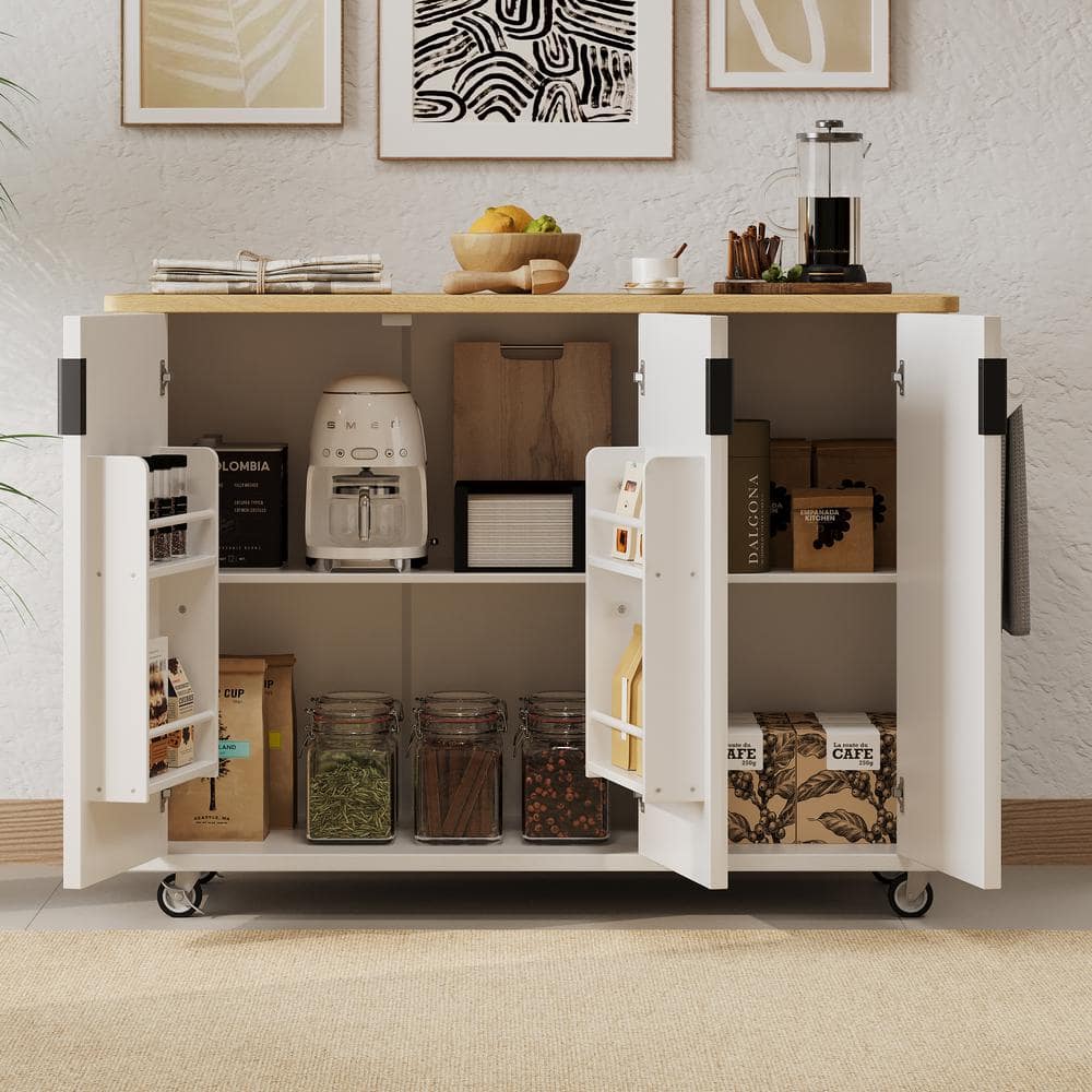 51in. White Fluted Kitchen Cart with Drop Leaf, Internal Rack, Wheels, and 