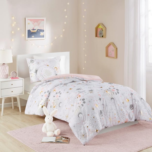 Intelligent Design Kids Ariella 3-Piece Blush/Gold Twin Polyester Starry Sky Metallic Comforter Set with Throw Pillow