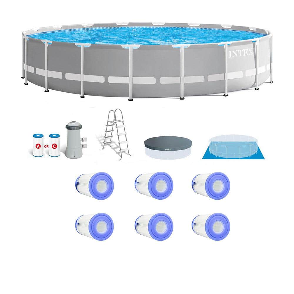 Intex Prism Frame 18 ft. Round 4 ft. D Metal Frame Above Ground Pool Set with Type A Replacement Filters (6-Pack), Gray -  142025