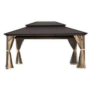 10 ft. x 14 ft. Brown Hardtop Gazebo Aluminum Metal Pop-Up Canopy with Galvanized Steel Double Roof Pavilion for Party