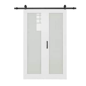 48 in. W. x 80 in. 1-Lite Tempered Frosted Glass White Primed MDF Bifold Sliding Barn Door with Hardware Kit