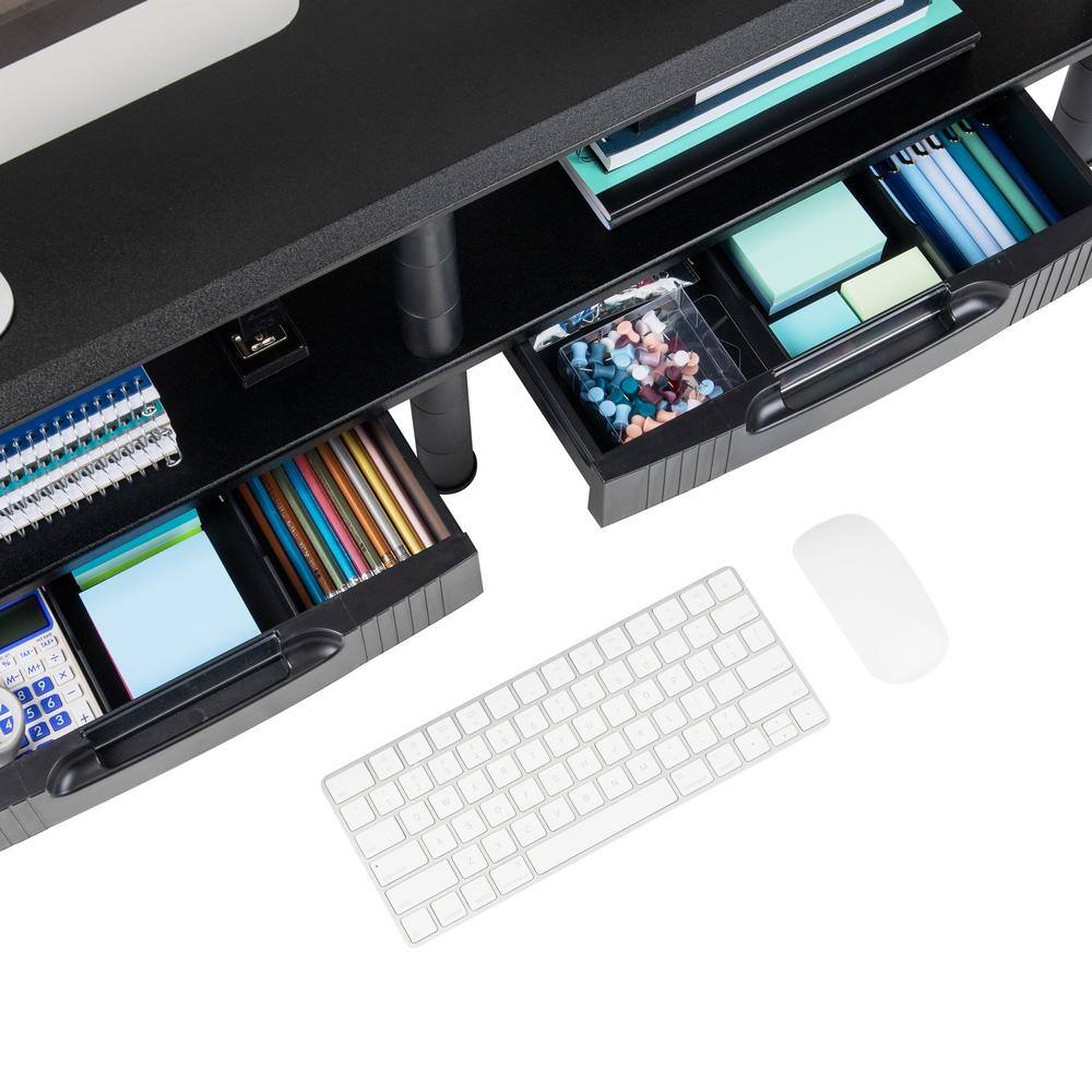 Black Dual Monitor Stand with Storage Shelves and Drawers