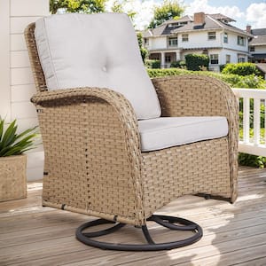 PlainCurve Metal and Yellow Wicker Outdoor Rocking Chair Patio Swivel Chairs with Olefin Beige Cushions