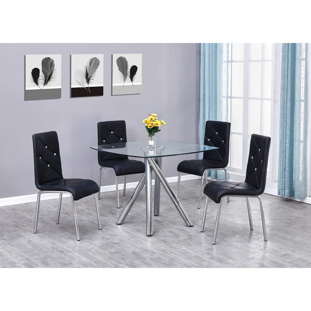 Black Glass and Chrome 5-Piece Dinette Set with Faux Leather Chairs