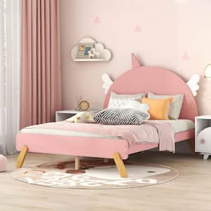 Pink Wood Frame Full Size Platform Bed with Unicorn Shape Headboard