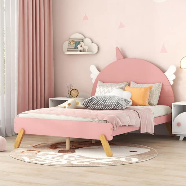 Harper & Bright Designs Pink Wood Frame Full Size Platform Bed with Unicorn Shape Headboard