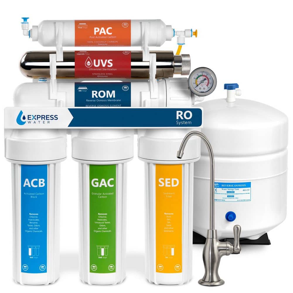 Ultraviolet Reverse Osmosis Water Filtration 6 Stage UV Water Sterilizer Faucet and Tank 100 GPD with Pressure Gauge