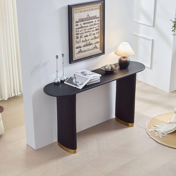 Polibi 59.1 in. Black Rectangle Wood Top Console Table with Unique
