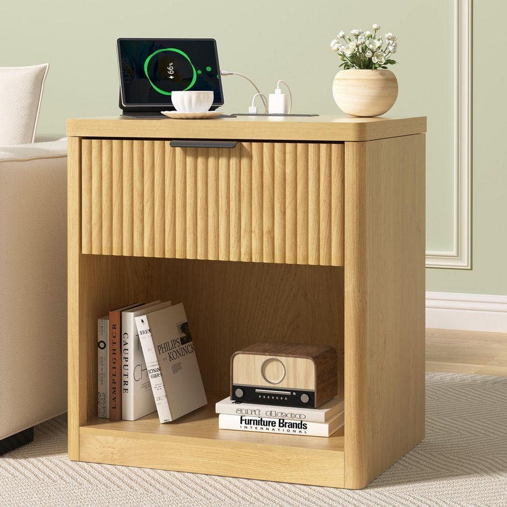 21.7 in. W 1-Drawer Wood Fluted Nightstand with Built-In Outlets and Open Cubby