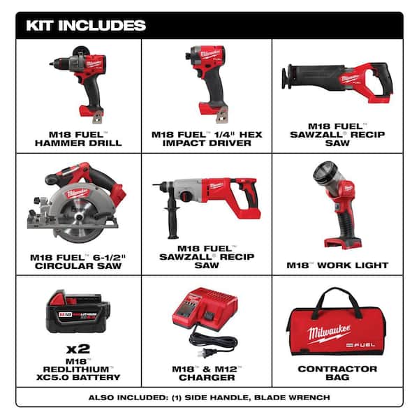 M18 FUEL 18V Lith-Ion Brushless Cordless Combo Kit (5-Tool) w/ Two 5.0 Ah Batteries, 1 Charger and Rotary Hammer