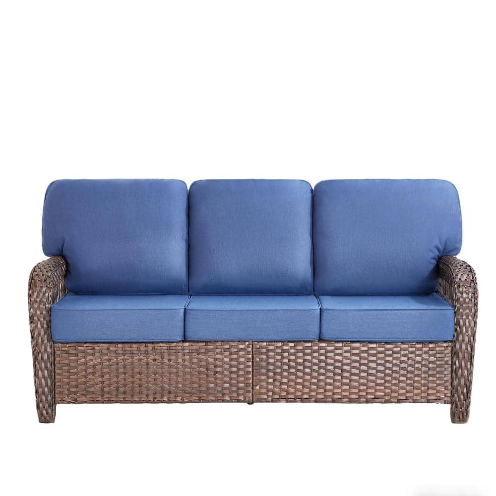 75.2 in. Outdoor Brown Wicker Patio Sofa with T Shape-Back Blue Cushions and 6 in. Thick Foam, for Porch or Backyard price history on PriceWatchPro