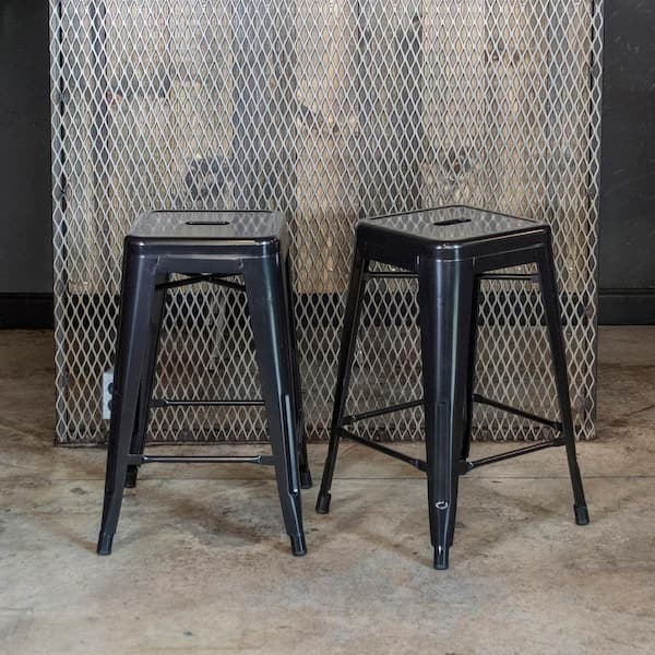 24 in. Black Metal, Backless, Stackable Bar Stool (Set of 2)