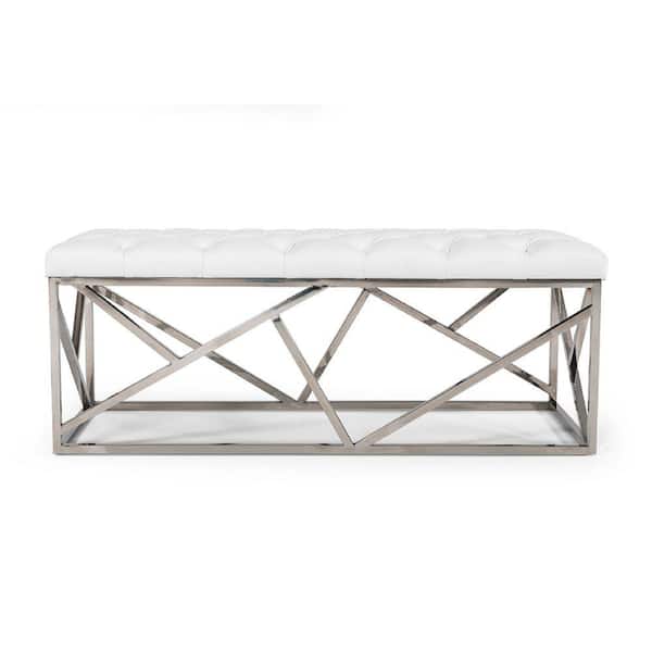 Benjara 20 in. White and Silver Backless Bedroom Bench with Upholstered Seat