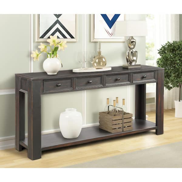 GODEER 64 in. Black Standard Rectangle Wood Console Table with Storage Drawers and Bottom Shelf