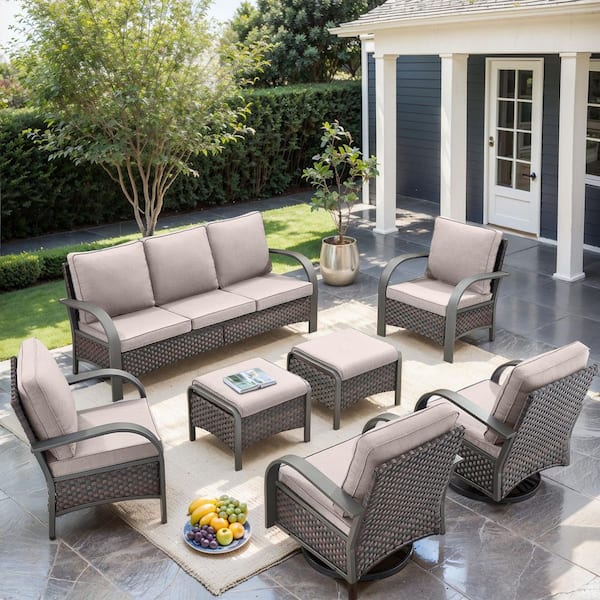 7-Piece Brown Wicker Patio Conversation Set with Beige Olefin Cushions and Swivel Glider Chairs/Ottomans/Couch