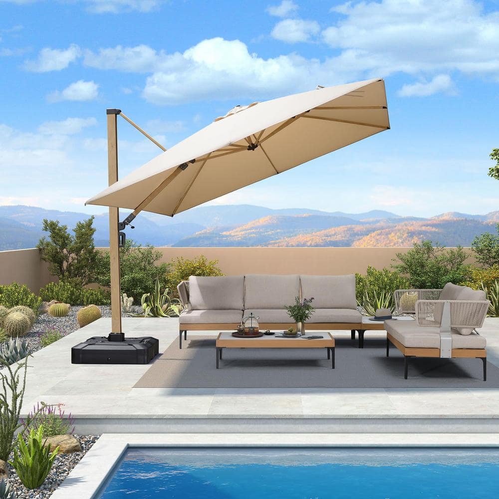 10 ft. Square Outdoor Cantilever Patio Umbrella Teak Finished Offset 360° Rotation Umbrella with Base, Beige price history on PriceWatchPro