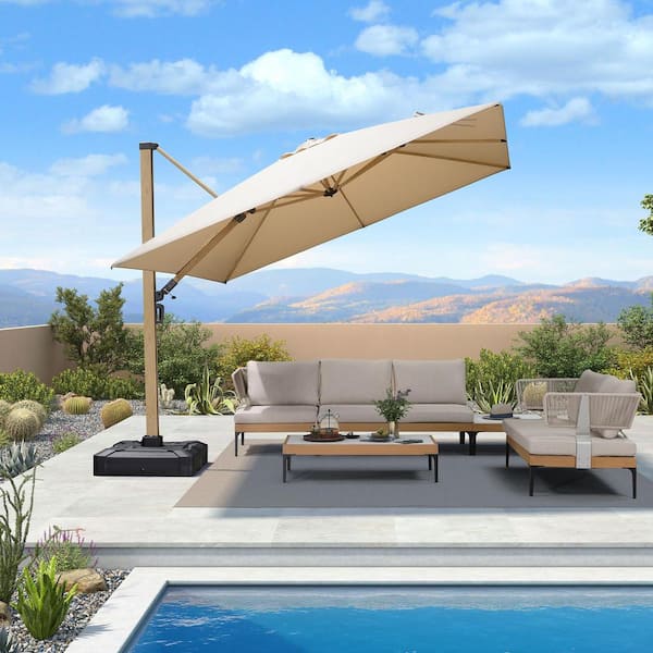 PURPLE LEAF 10 ft. Square Outdoor Cantilever Patio Umbrella Teak Finished Offset 360° Rotation Umbrella with Base, Beige