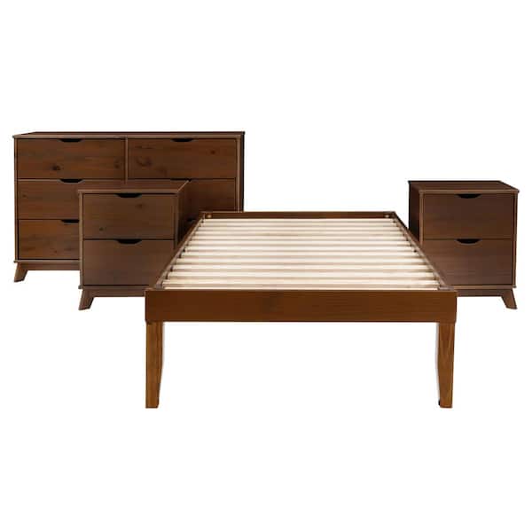 Linon Home Decor Pheba 4-Piece Brown Walnut Wood Frame Twin Bed, 6-Drawer Dresser with 2 (2-Drawer) Nightstand (Set of 2) Bedroom Set
