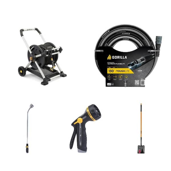 200 ft. Aluminum Hose Reel, 5/8 in. x 130 ft. Hose, 33 in. Watering Wand, Adjustable Nozzle and 47 in. L Shovel Combo
