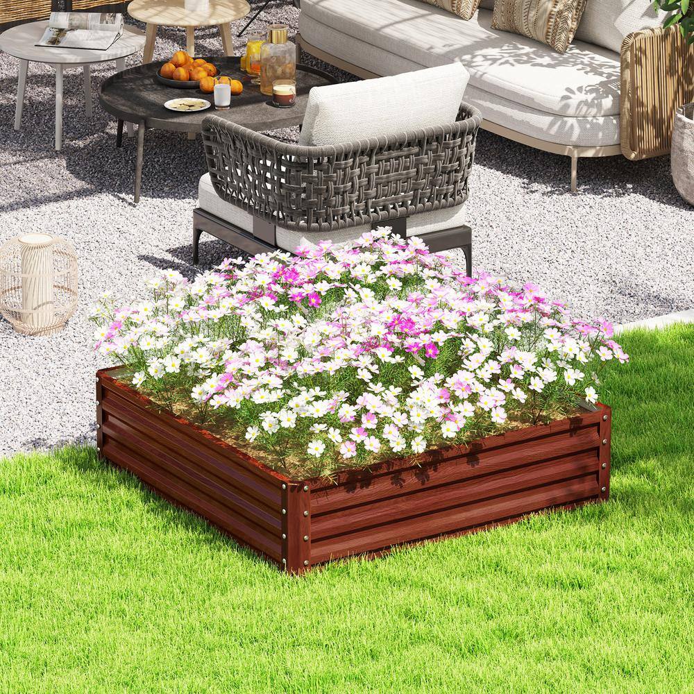 Natural Wood and Galvanized Steel Outdoor Raised Garden Bed