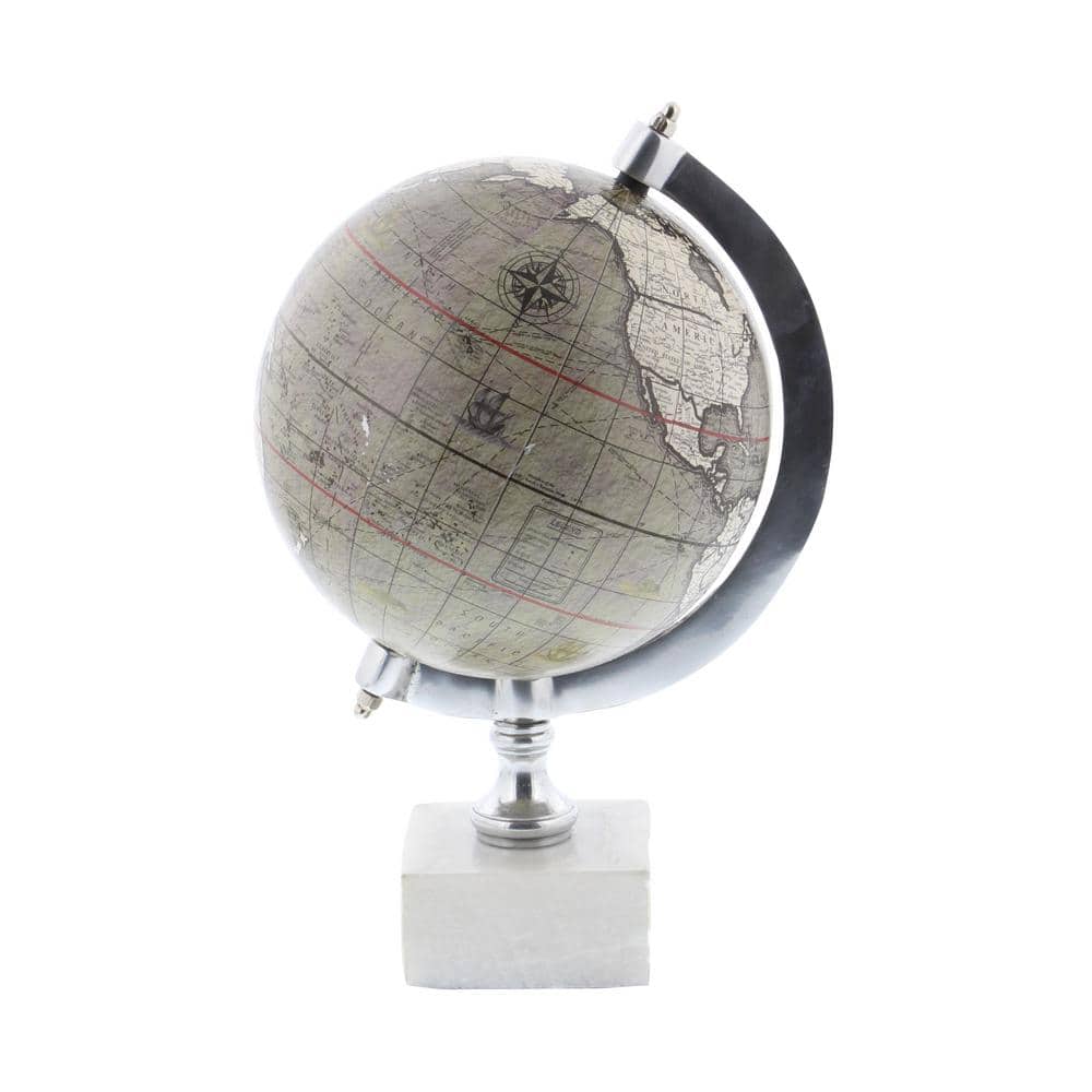 Contemporary White Marble Globe with Silver Accents