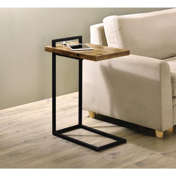 11.5 in. Antique Nutmeg and Black C-Shaped Wood Accent Table with USB Port