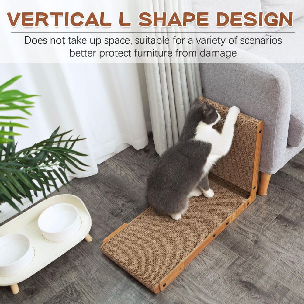 L-Shaped Brown Cardboard Cat Scratcher with Toy