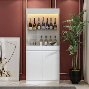 White Wood Kitchen Wine Cabinet Bar Kitchen Food Pantry With Tempered Glass Doors, 3 Color Light