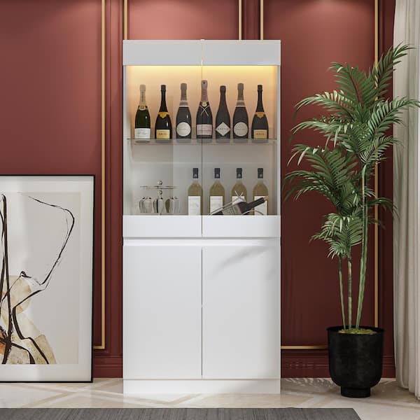 FUFU&GAGA White Wood Kitchen Wine Cabinet Bar Kitchen Food Pantry With Tempered Glass Doors, 3 Color Light
