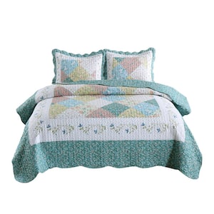 B027 Printed 3-Piece Frost Blue Floral Polyester King Size Lightweight Quilt Set