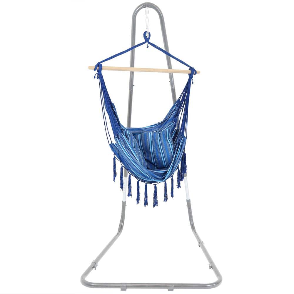 Blue Striped Polyester Hanging Hammock Chair with Cushions