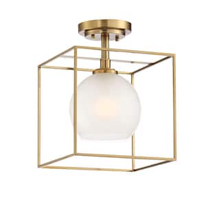Cowen 10 in. 1-Light Brushed Gold Semi Flush Mount Ceiling Light with Clear Polished Etched Glass Shade