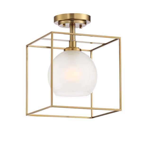 Cowen 10 in. 1-Light Brushed Gold Mid-century Entryway Semi-Flush Mount with Etched Glass Shade