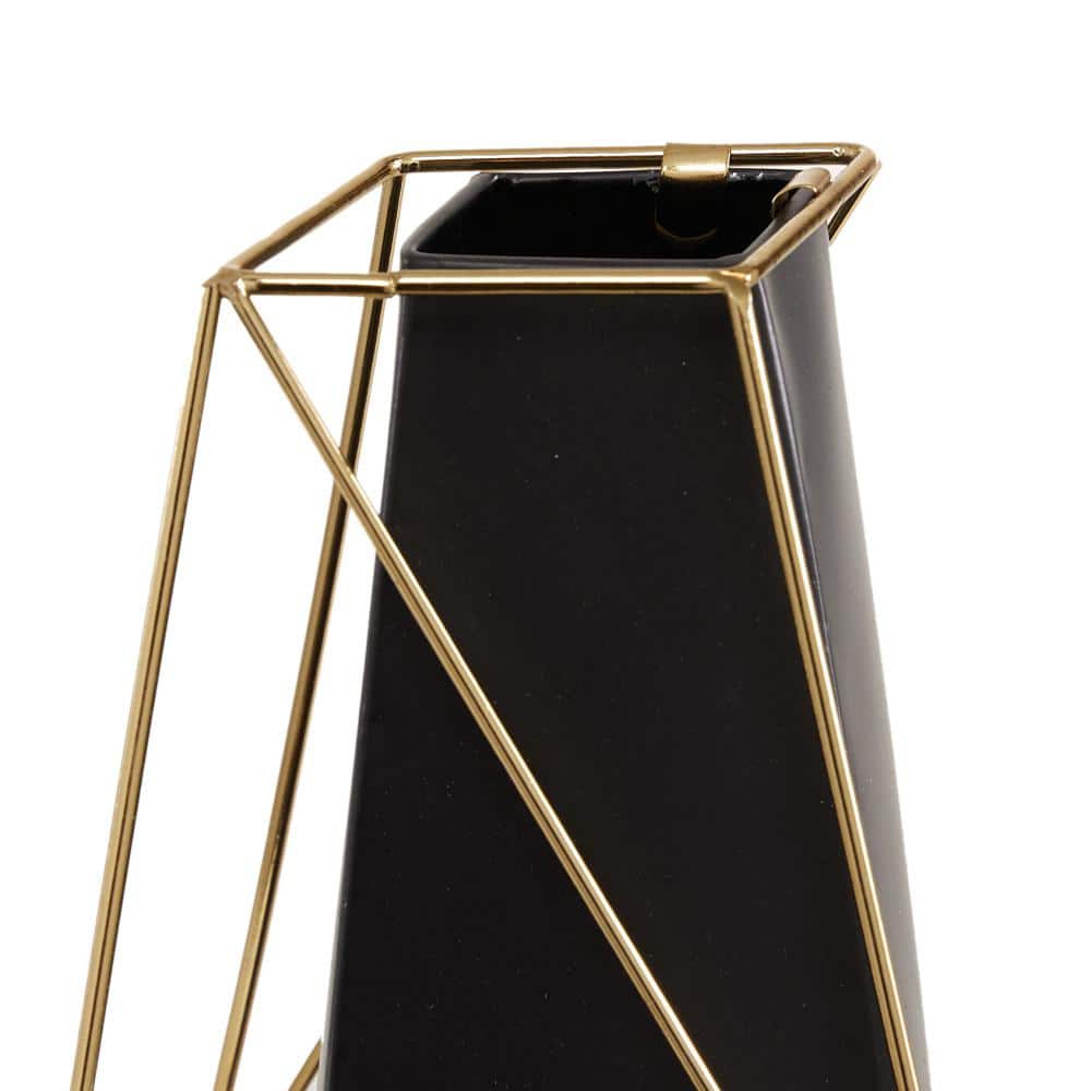 Eclectic Black and Gold Metal Geometric Vase Duo