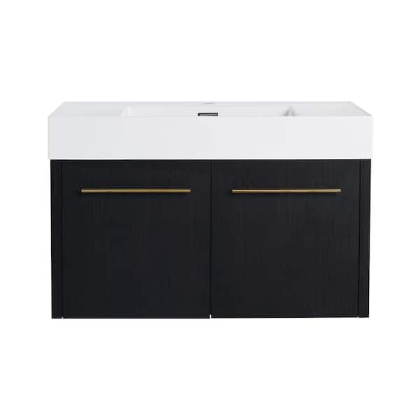 Boosicavelly 35.4 in. W x 18.10 in. D x 22.40 in. H Single Sink Wall Mounted Bath Vanity in Black with White Resin Top