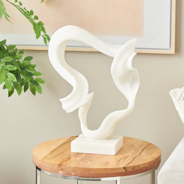 Litton Lane White Poly Stone Twisted Wave Abstract Sculpture with Elevated Base