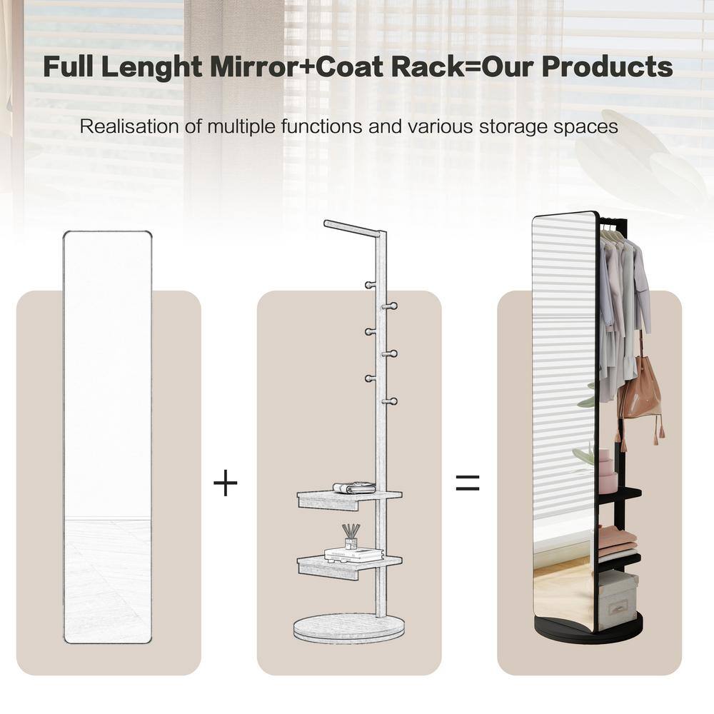 Black Solid Wood Full-Length Mirror with Coat Rack
