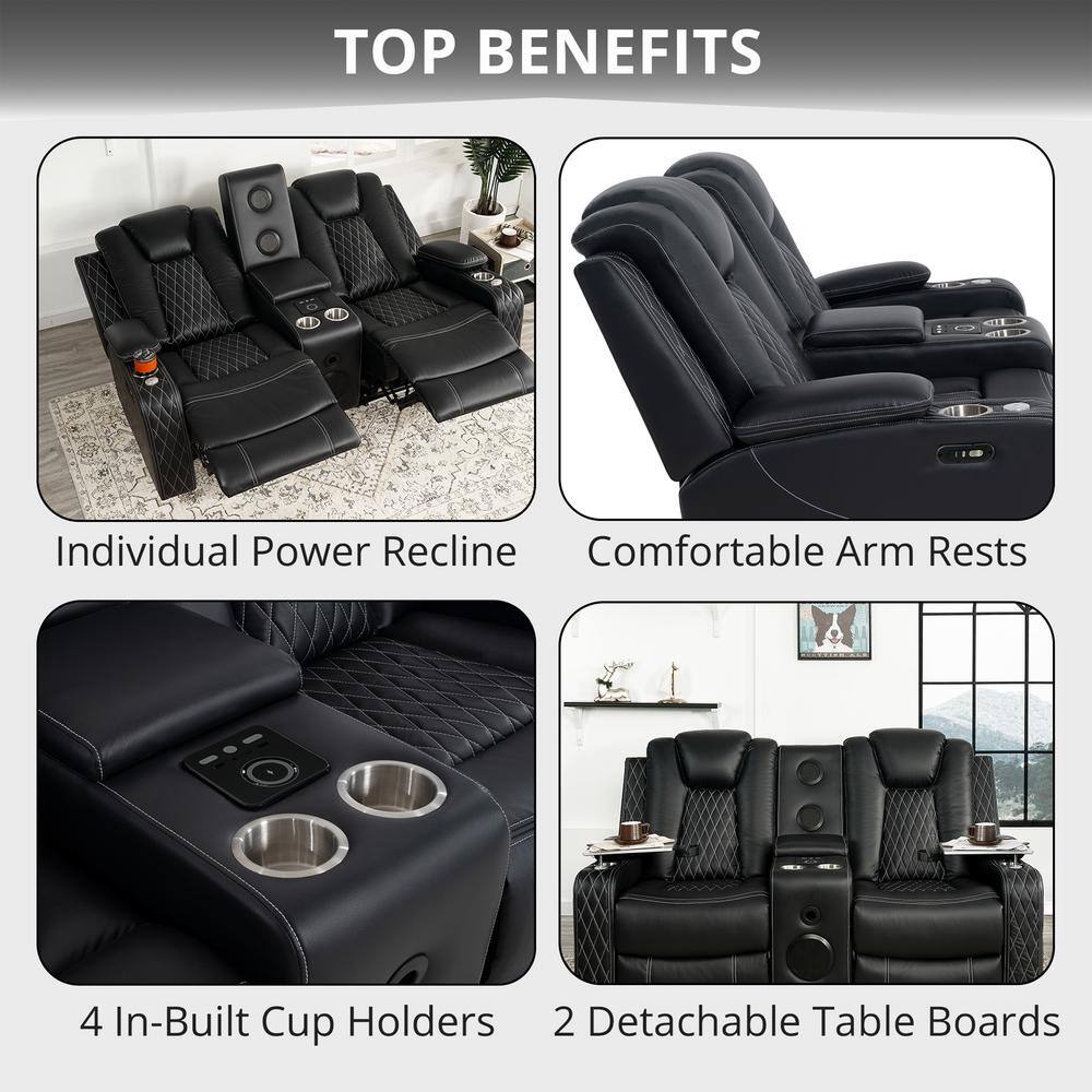 Black Faux Leather Reclining Loveseat with Cup Holders and LED Lights