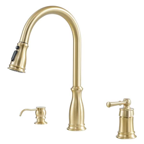 Boyel Living 3-Spray Patterns Single Handle 1.8 GPM Pull Down Sprayer Kitchen Faucet with Soap Dispenser in Brushed Gold