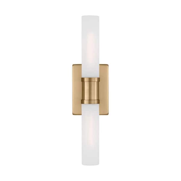 Generation Lighting Keaton 5 in. Medium 2-Light Satin Brass Vanity Light with Satin Etched Glass Shades