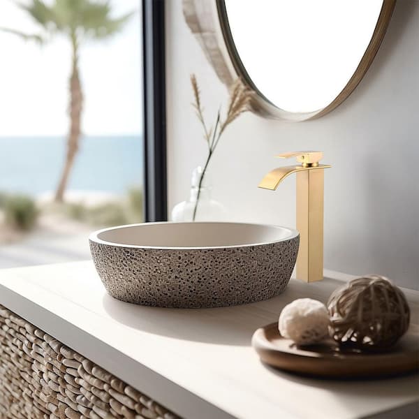 High Arc Waterfall Single Handle Single Hole Bathroom Faucet with Drain Kit Included in Brushed Gold