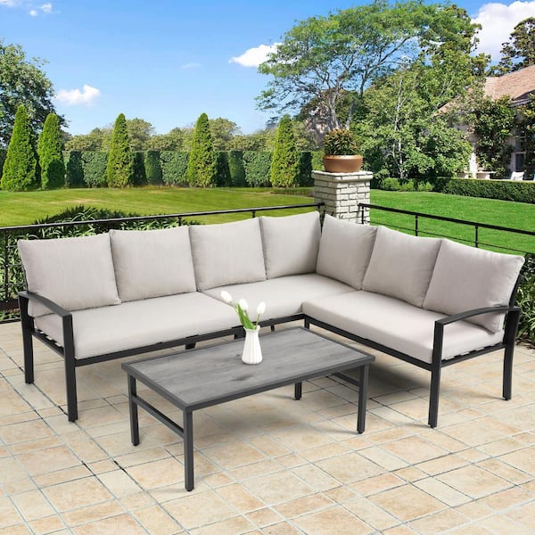 TANKY TRADING INC 4 Piece Metal Outdoor Patio Sectional Sofa Furniture Set with Waterproof Beige Thick Cushions and Coffee Table
