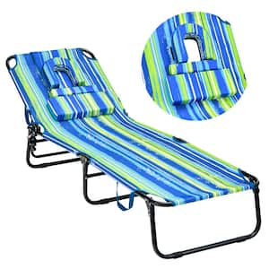 Beach Outdoor Lounge Chair Adjustable Face Down Tanning Chair w/Face Hole & Removable Pillow Blue & Green