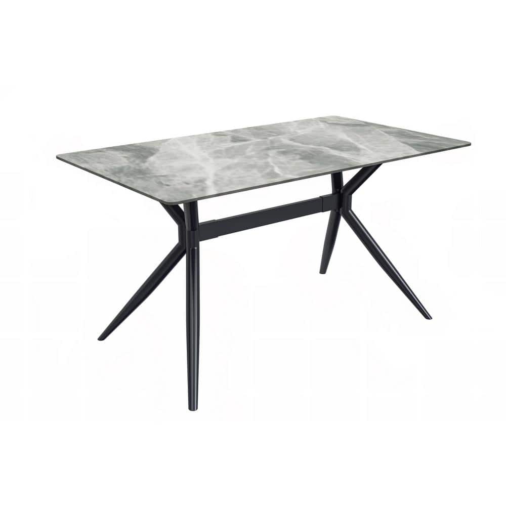 Modern Light Grey Glass Dining Table with Black Steel Base, 62"