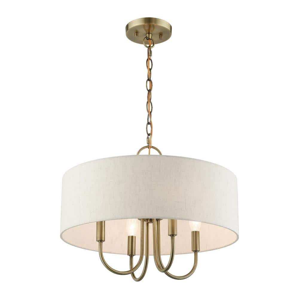 Elegant Antique Brass Drum Pendant Chandelier with Oatmeal Shade