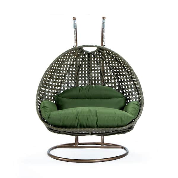 2-Person Egg Swing Chair Beige Wicker Outdoor Patio Hanging Chair with Dark Green Cushions