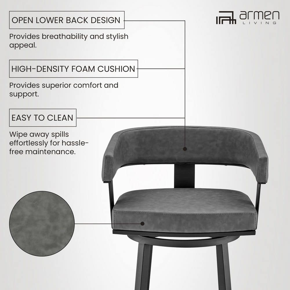 Lux Gray & Black Faux Leather 26" Swivel Metal Bar Stool