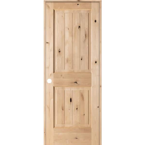 Krosswood Doors 30 in. x 80 in. Knotty Alder 2 Panel Square Top V-Groove Solid Wood Right-Hand Single Prehung Interior Door