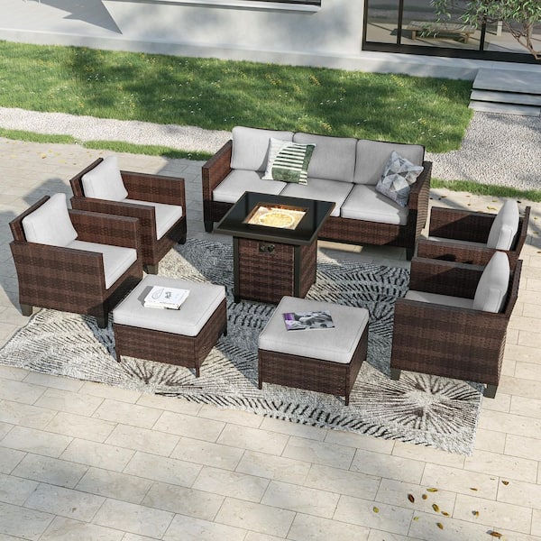 Sonkuki 8-Pieces Patio Conversation Set with Square Fire Pit Table and Ottomans, PE Brown Wicker Sofa with Linen Gray Cushion